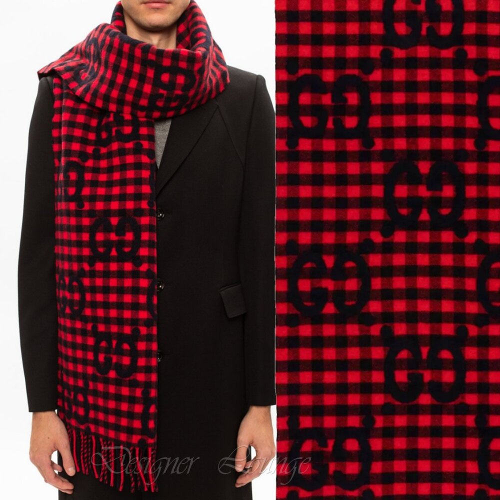NEW GUCCI Red Blue Wool Check GG Monogram Logo Scarf $690 Authentic